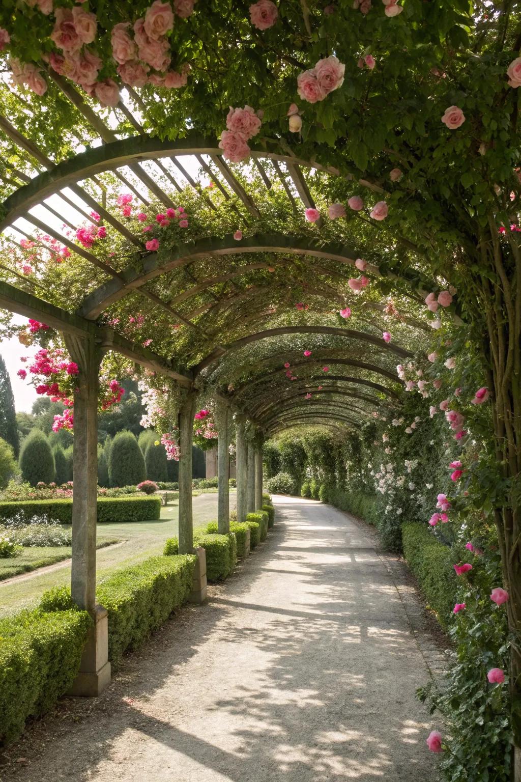 A pergola walkway with roses weaves magic and beauty into your garden.