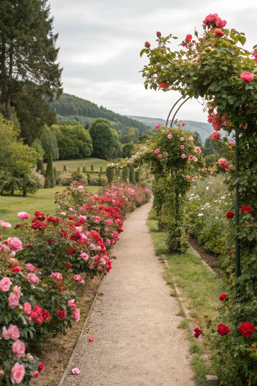 A scenic garden pathway lined with vibrant roses.