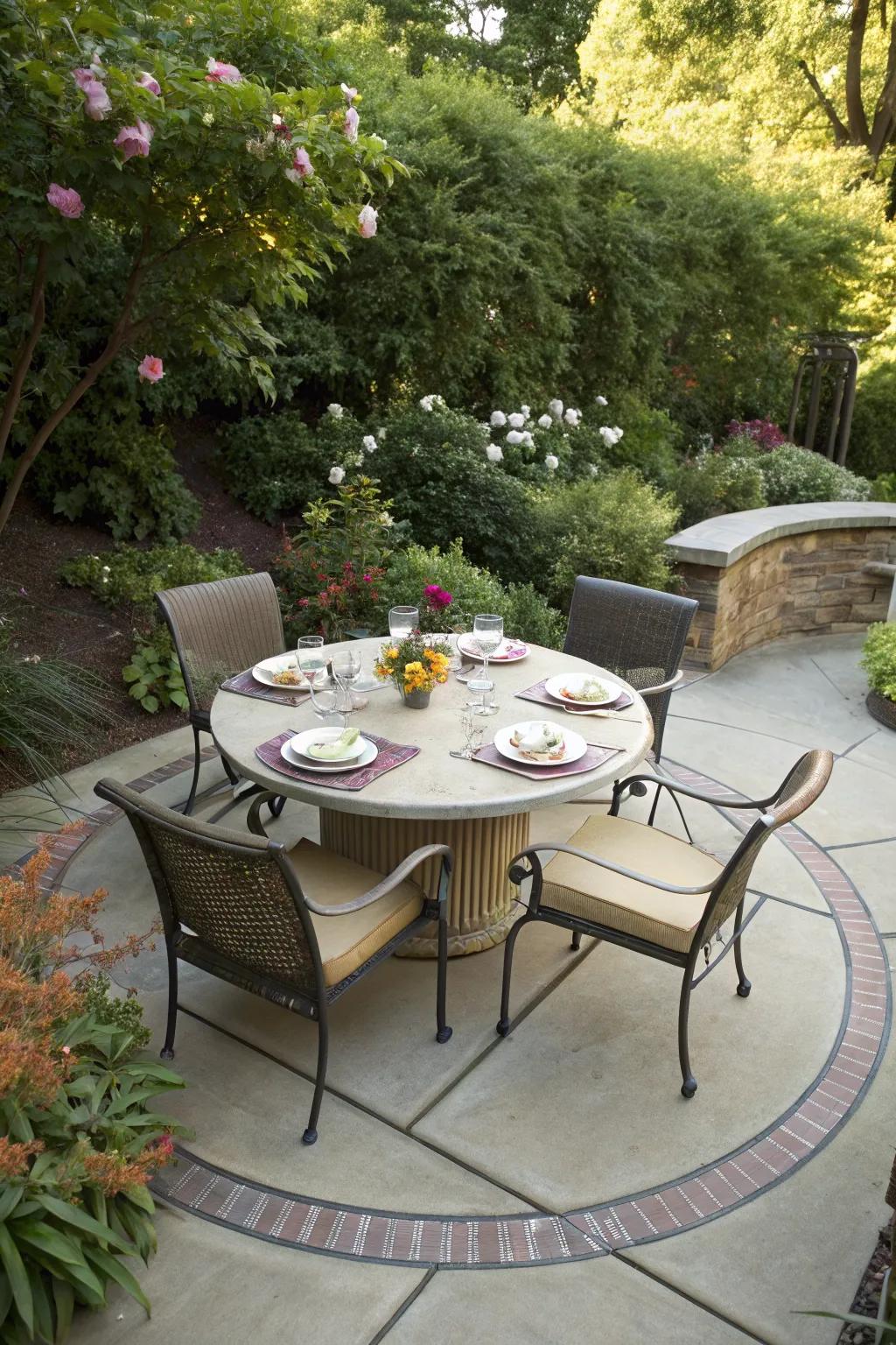 A circular dining area creates a cozy yet open dining experience.