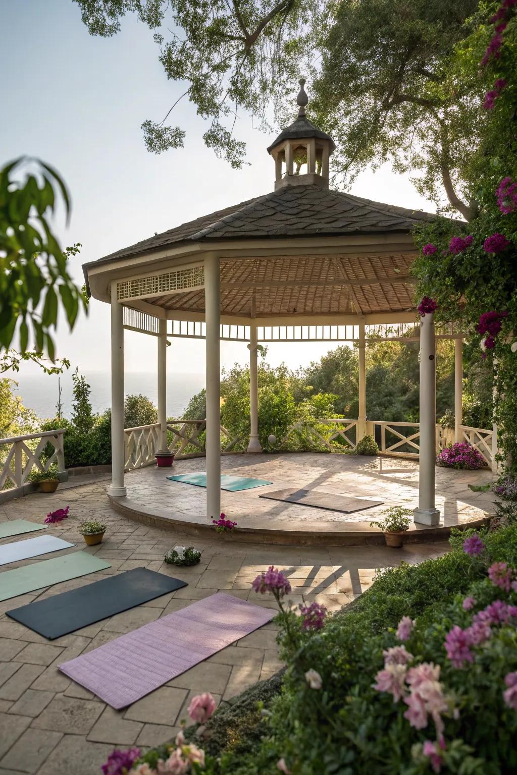 A round gazebo dedicated to yoga and meditation, offering tranquility.