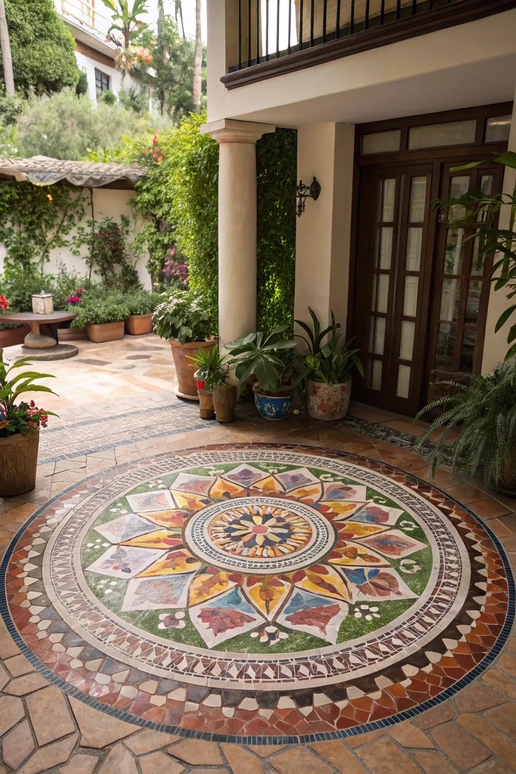 A round patio featuring a captivating mosaic pattern, adding artistic flair.