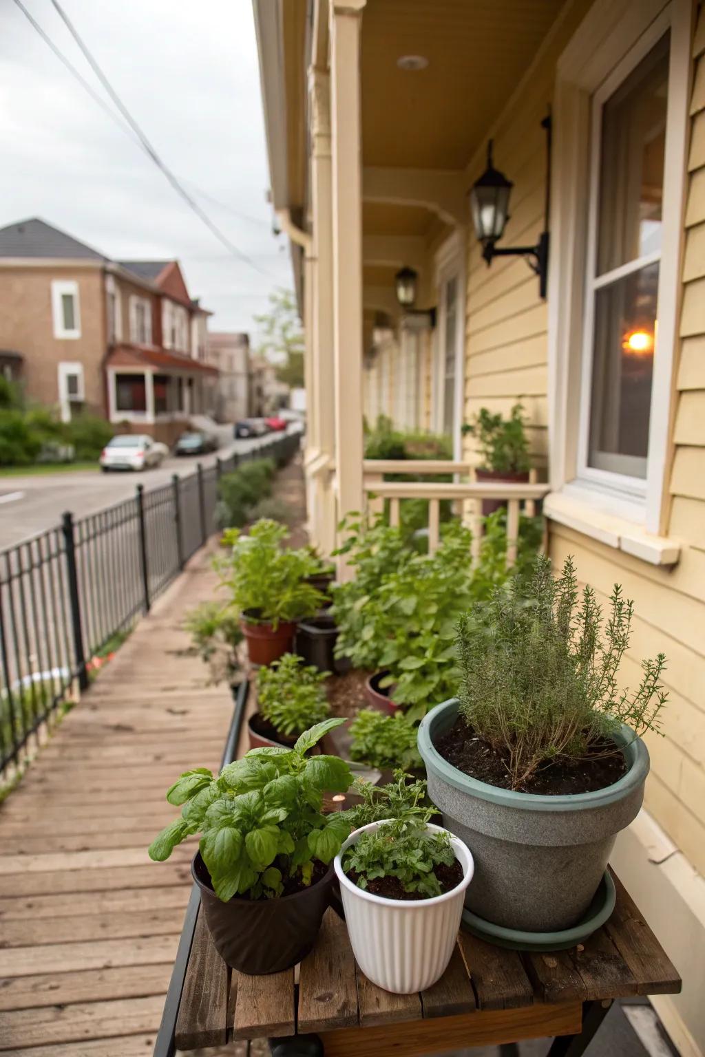 A mini herb garden adds greenery and practicality to your porch.