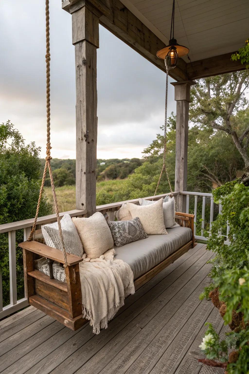 A rustic swing adds a playful and relaxing element to your porch.