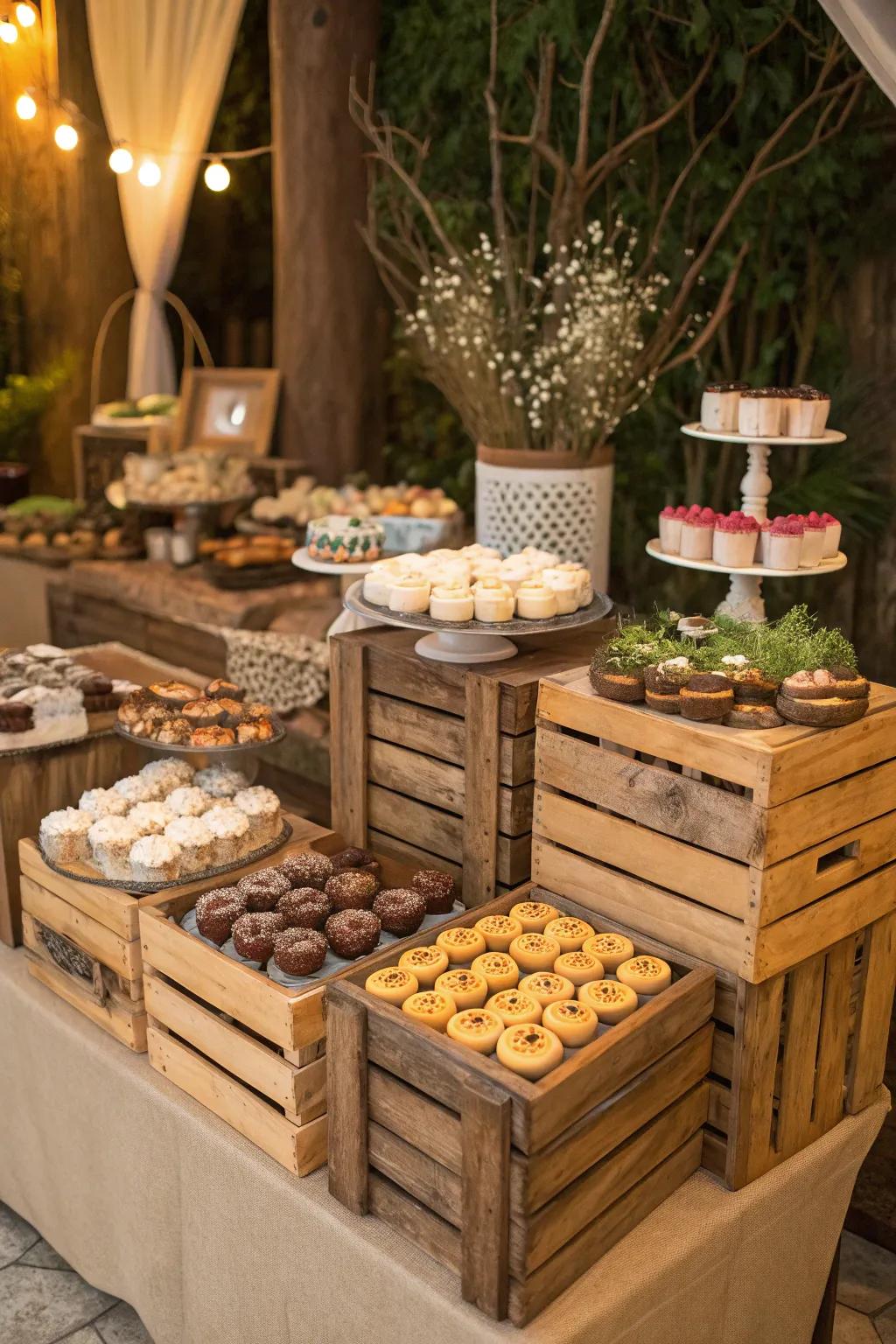 A tempting rustic dessert table at a backyard wedding.