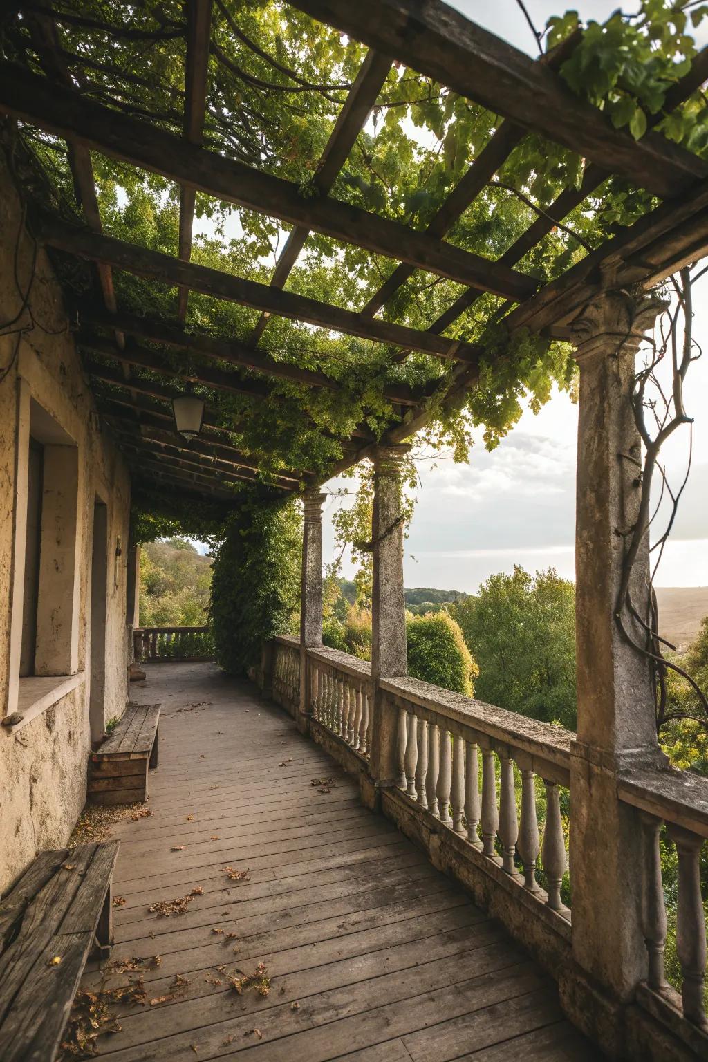 A rustic balcony with a wooden pergola offering shade and style.