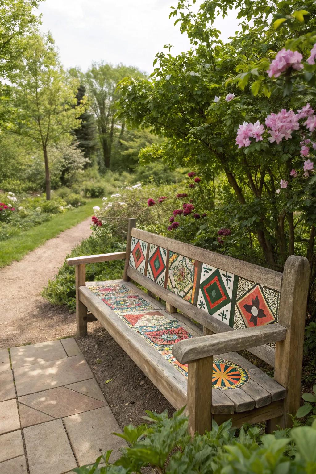 Express your creativity with a bench adorned with painted patterns.