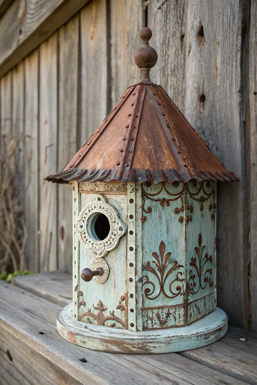 A vintage birdhouse with a charming rusty tin roof.