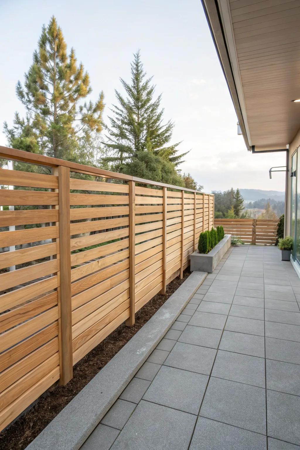 A modern cedar fence with horizontal slats for a sleek look.