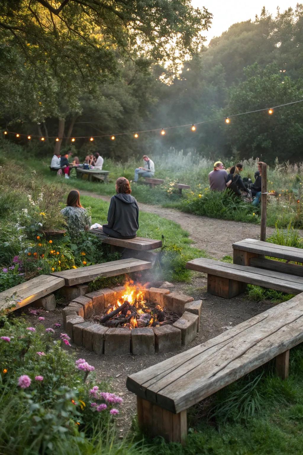 Reclaimed wood seating adds character and sustainability to a fire pit area.