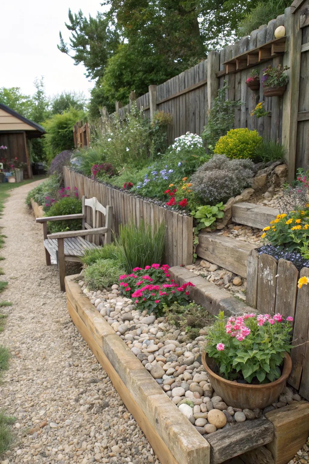 Layered planting creates a relaxed look in this rustic flower bed.