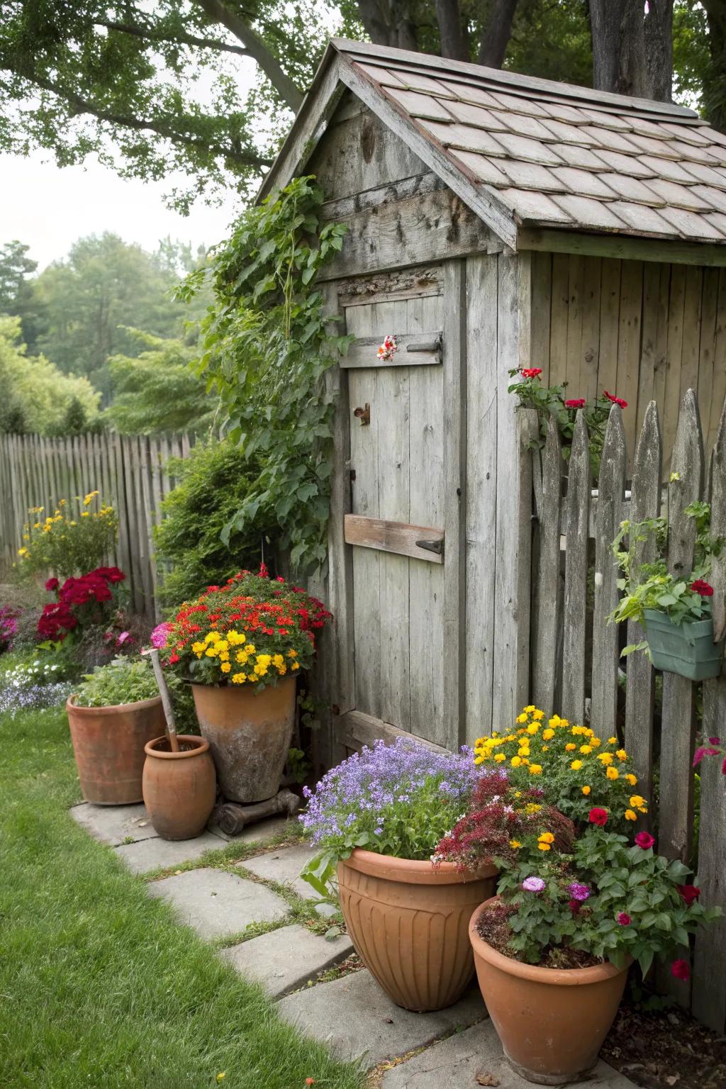 Clay pots filled with flowers add rustic charm to this garden shed.