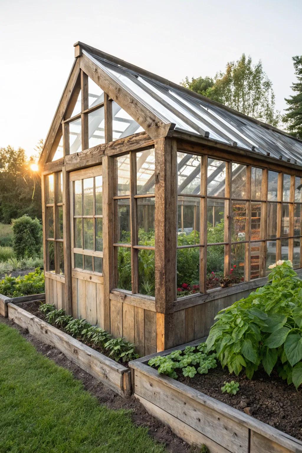 Reclaimed materials give this greenhouse a unique and storied character.