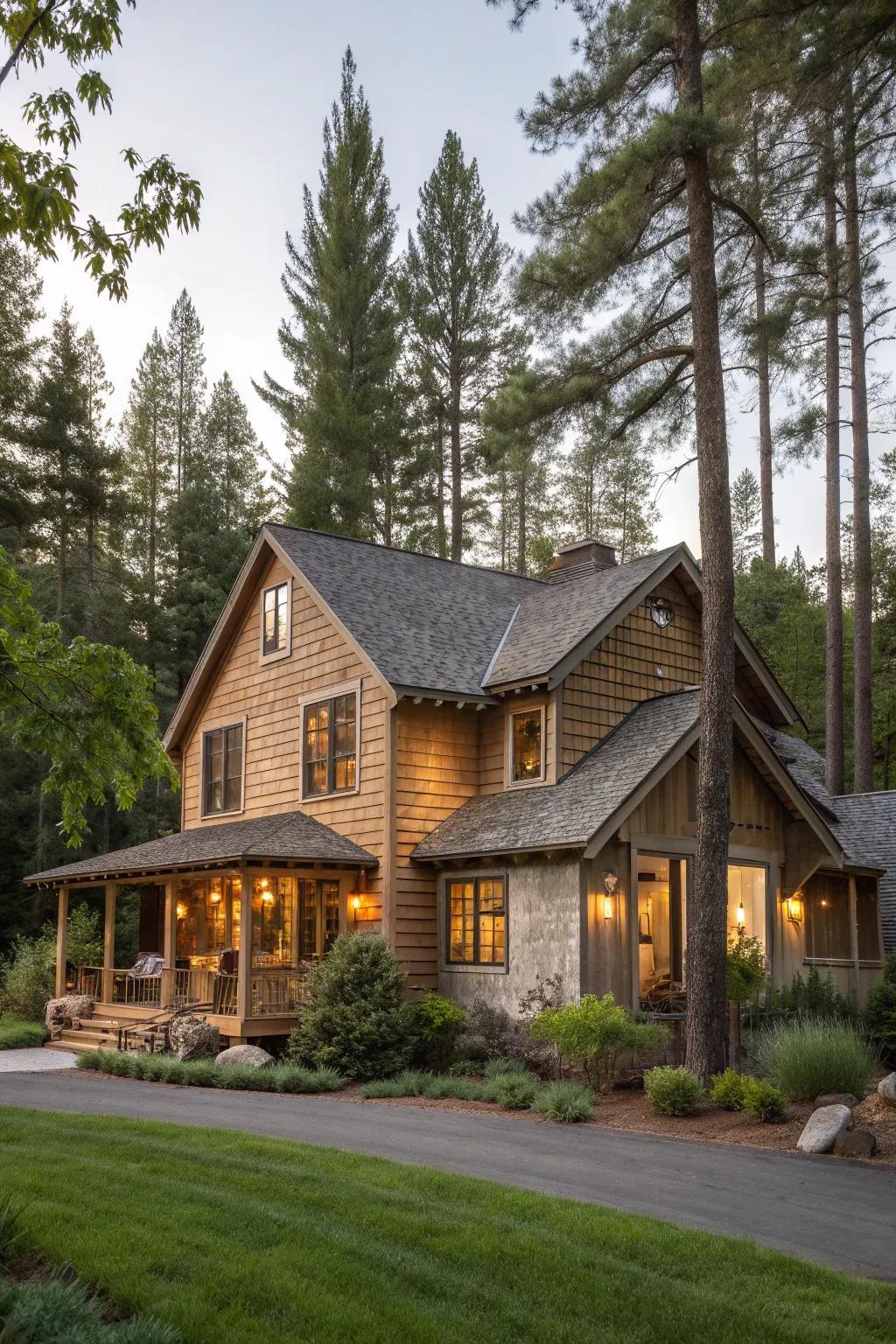 Earthy tones create a harmonious and serene rustic exterior.