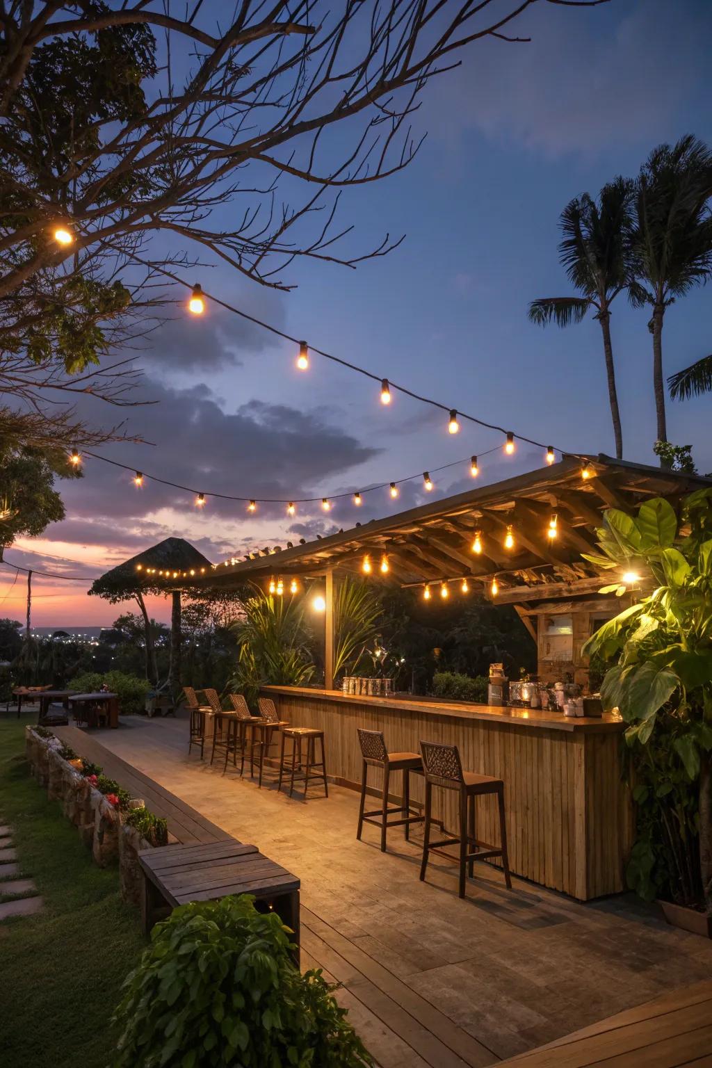 Enchanting string lights transform this bar into a magical evening retreat.