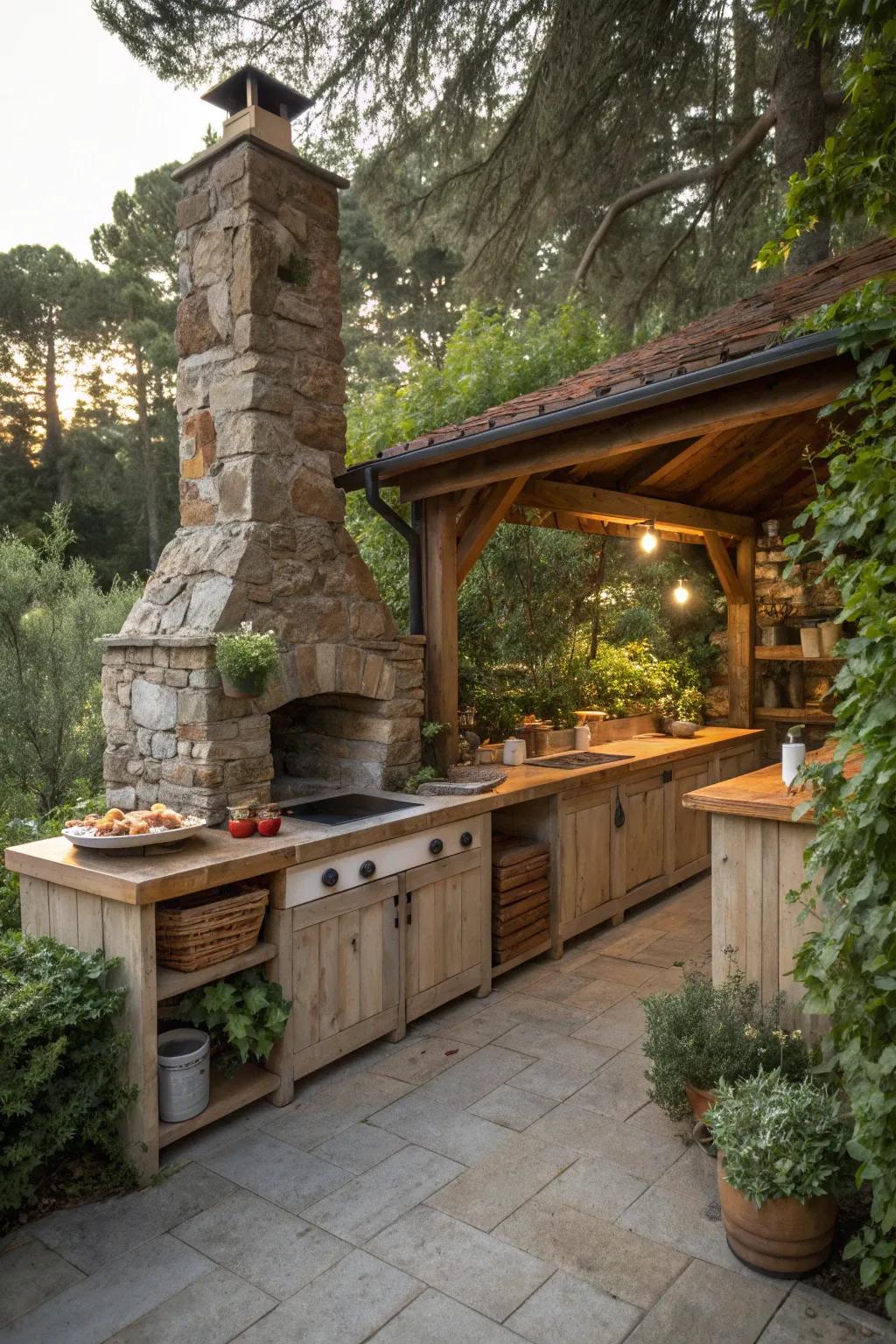 The kitchen seamlessly integrates with the landscape for a harmonious look.
