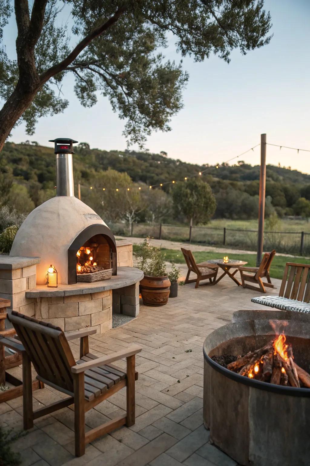 A cozy fire pit addition to a rustic outdoor kitchen with a pizza oven.