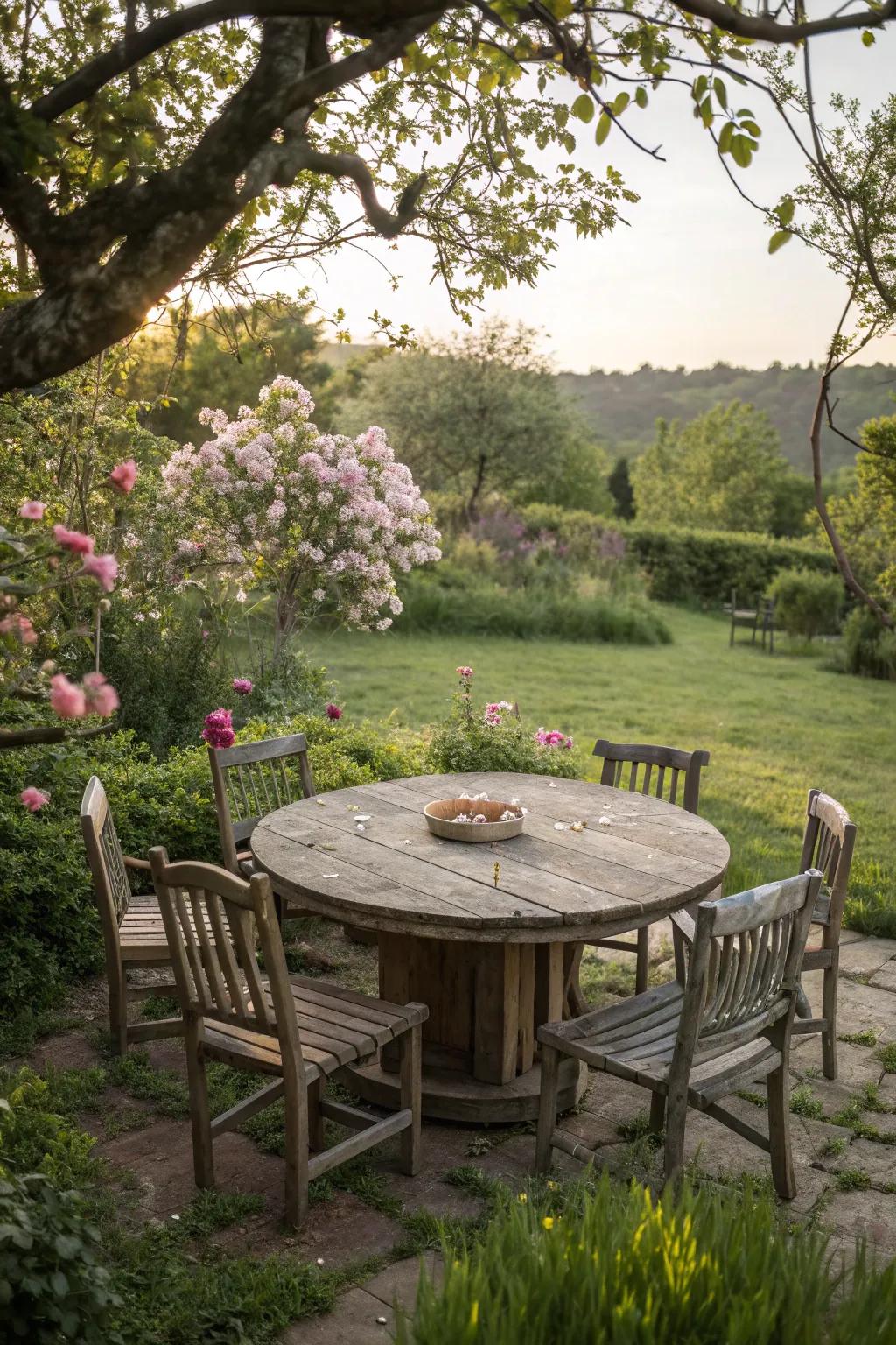A round wooden table perfect for fostering conversation and connection outdoors.