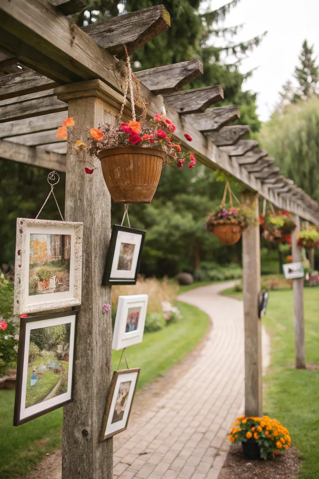 Personalized decor enhances the rustic pergola.