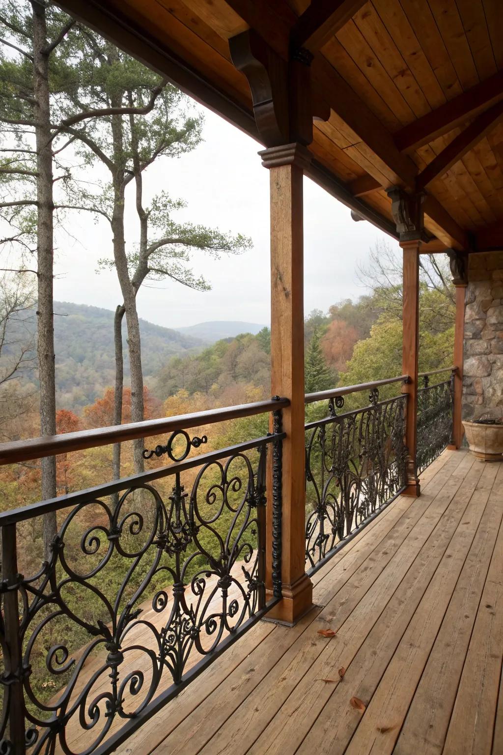 Enhance rustic railings with elegant wrought iron details.