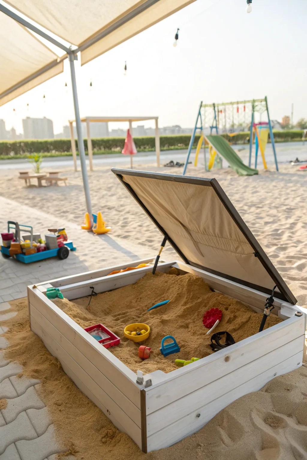 A convertible sand pit and play table setup.