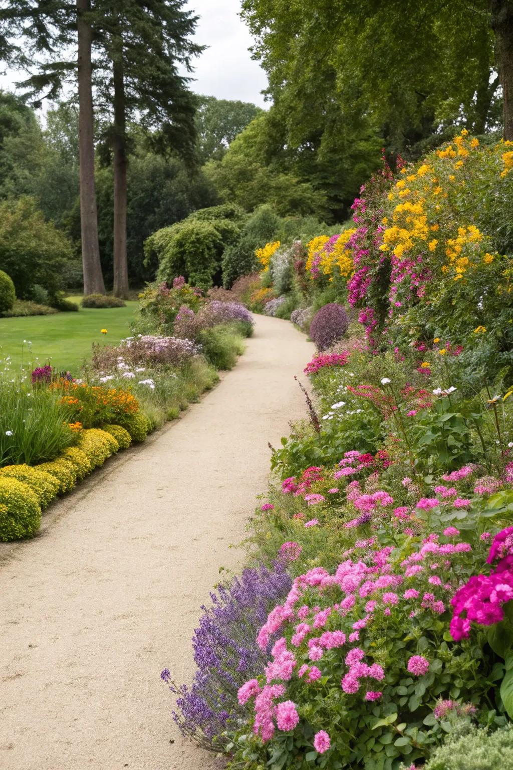 Seasonal flowers adding color to a sand walkway.