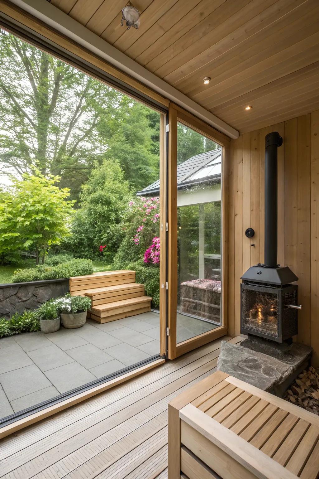 Sliding doors create a seamless transition from sauna to nature.