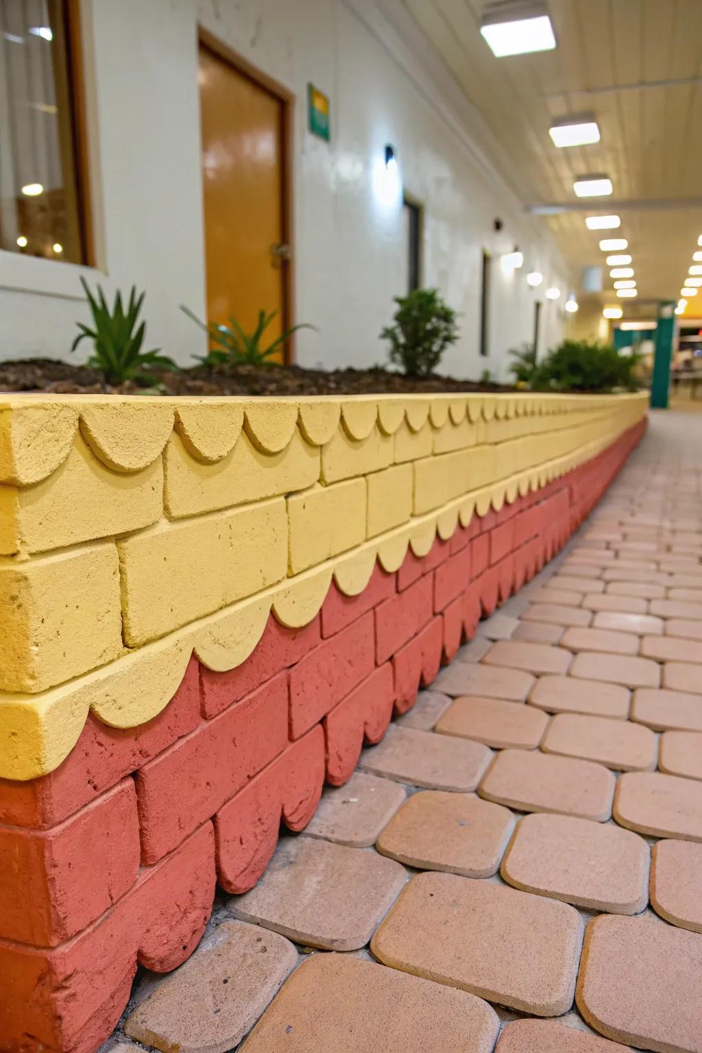Colorful painted scalloped brick edging.