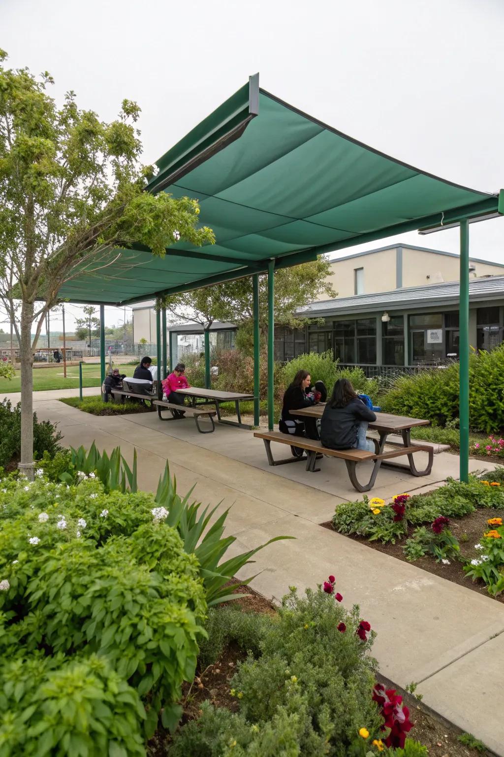 A shaded area in the school garden, offering a comfortable spot for students to relax and learn.