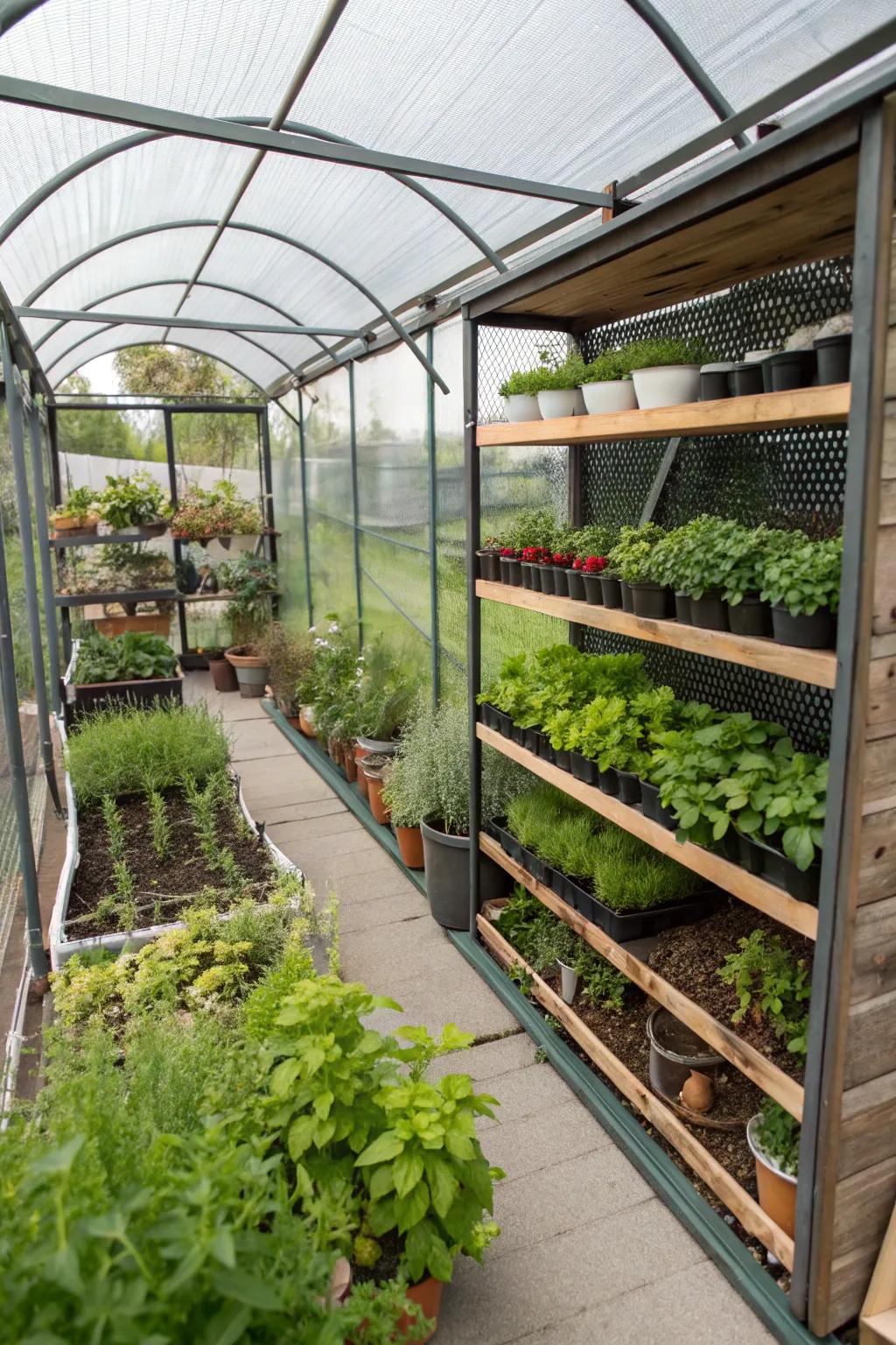 A thriving mini greenhouse in a screened carport.
