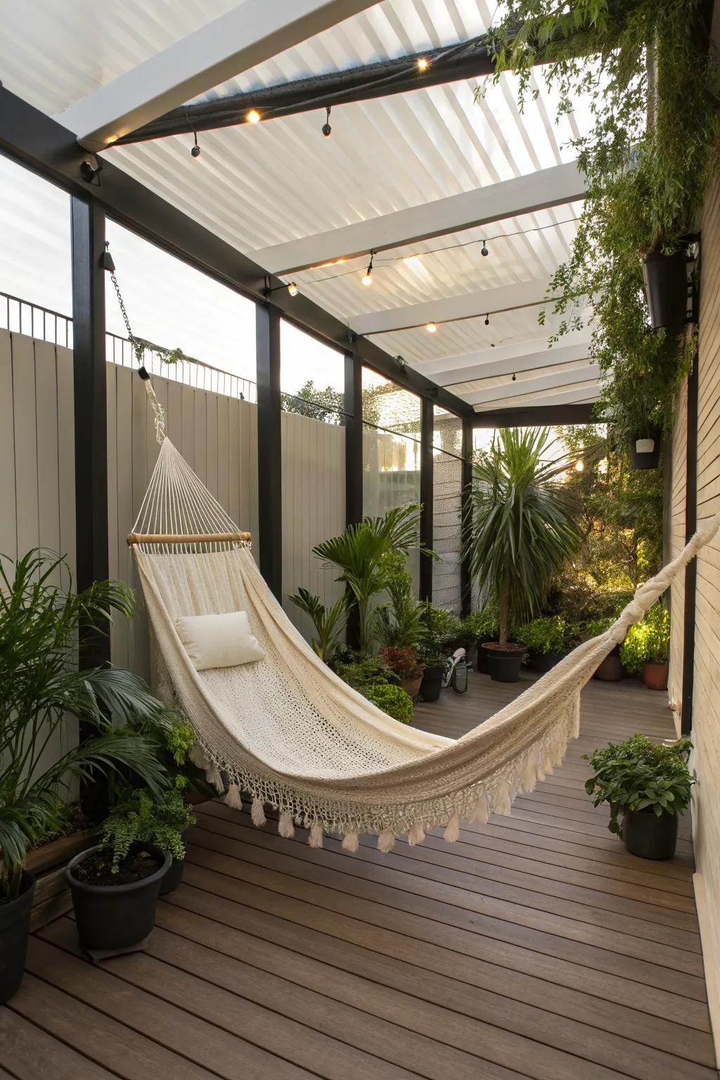 A hammock adds a playful and relaxing element to your patio.