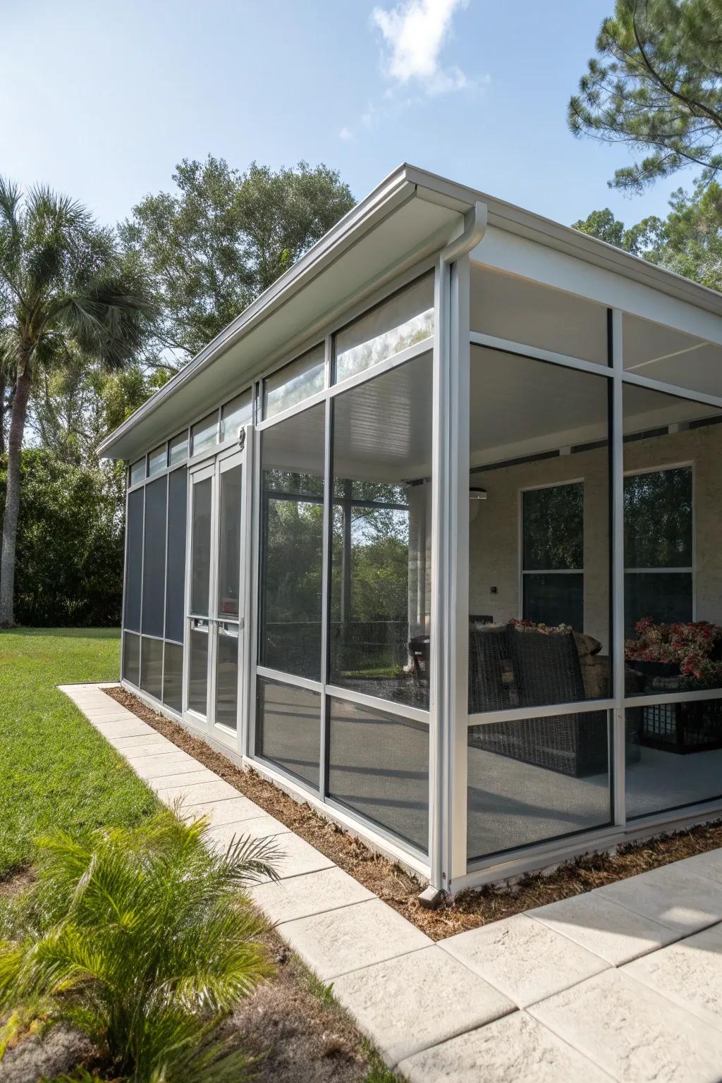 A durable aluminum enclosed screened patio.