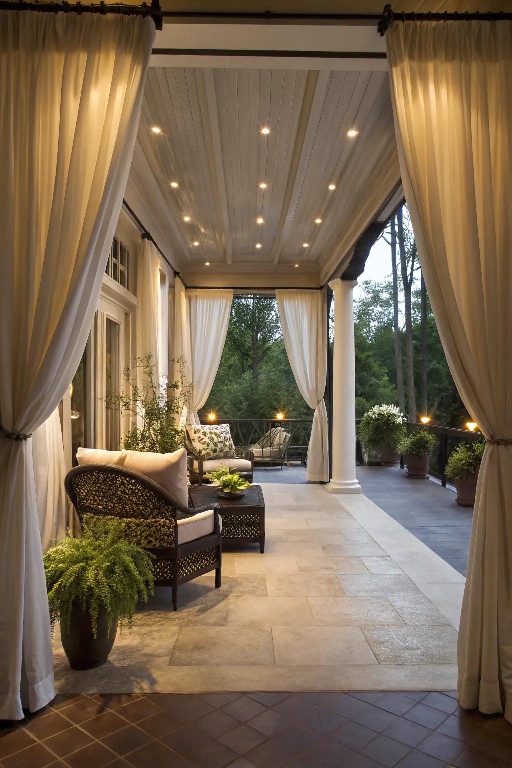 Floor-to-ceiling curtains add elegance and space.