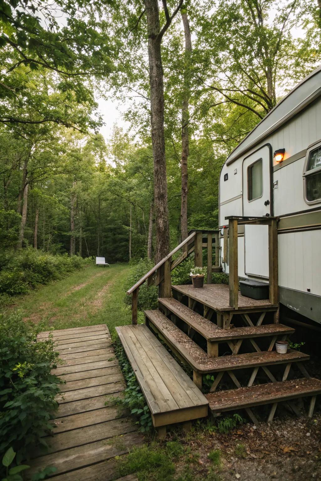 A camper deck with practical wooden steps for easy access.
