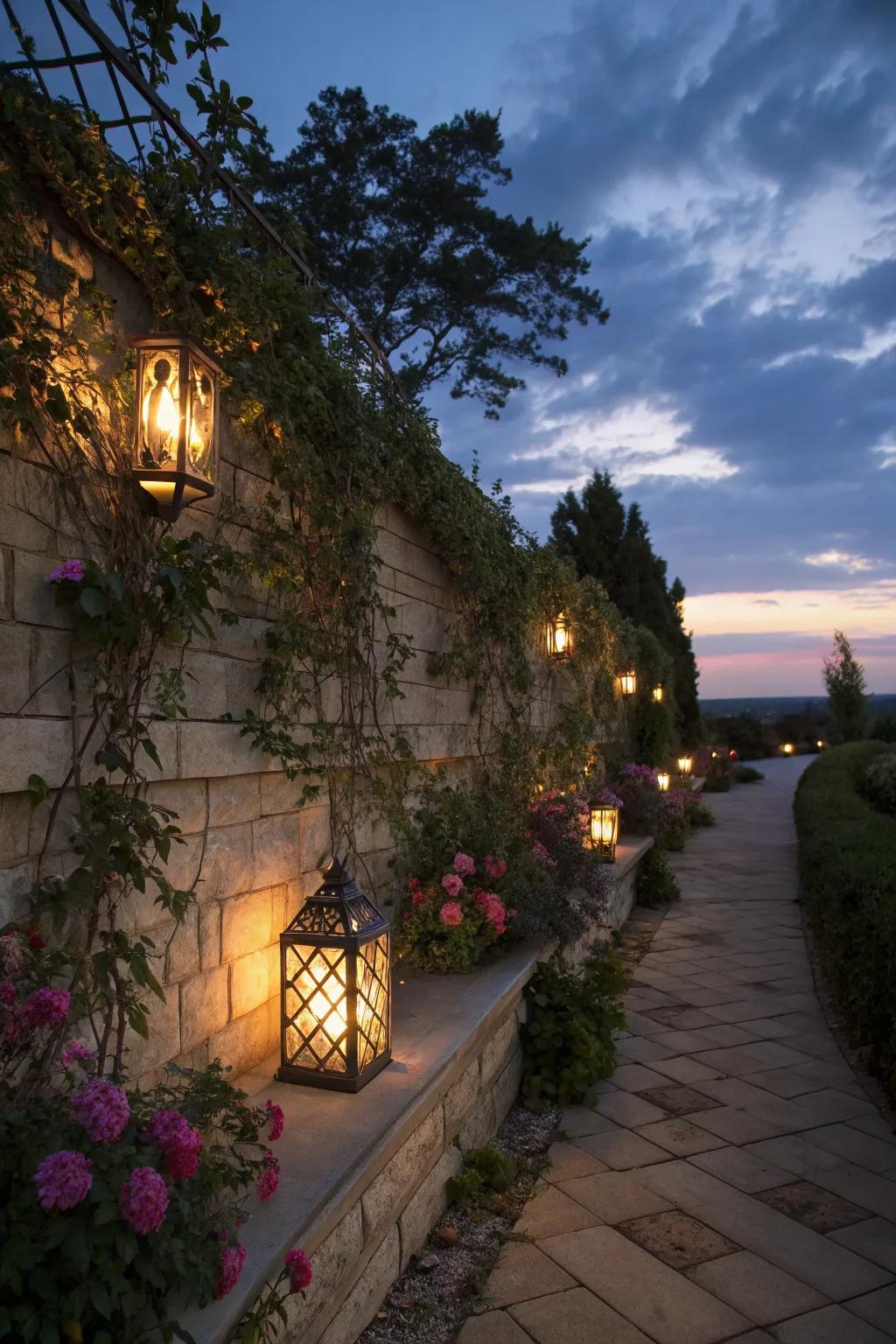 Seating wall with lanterns for a magical evening vibe.