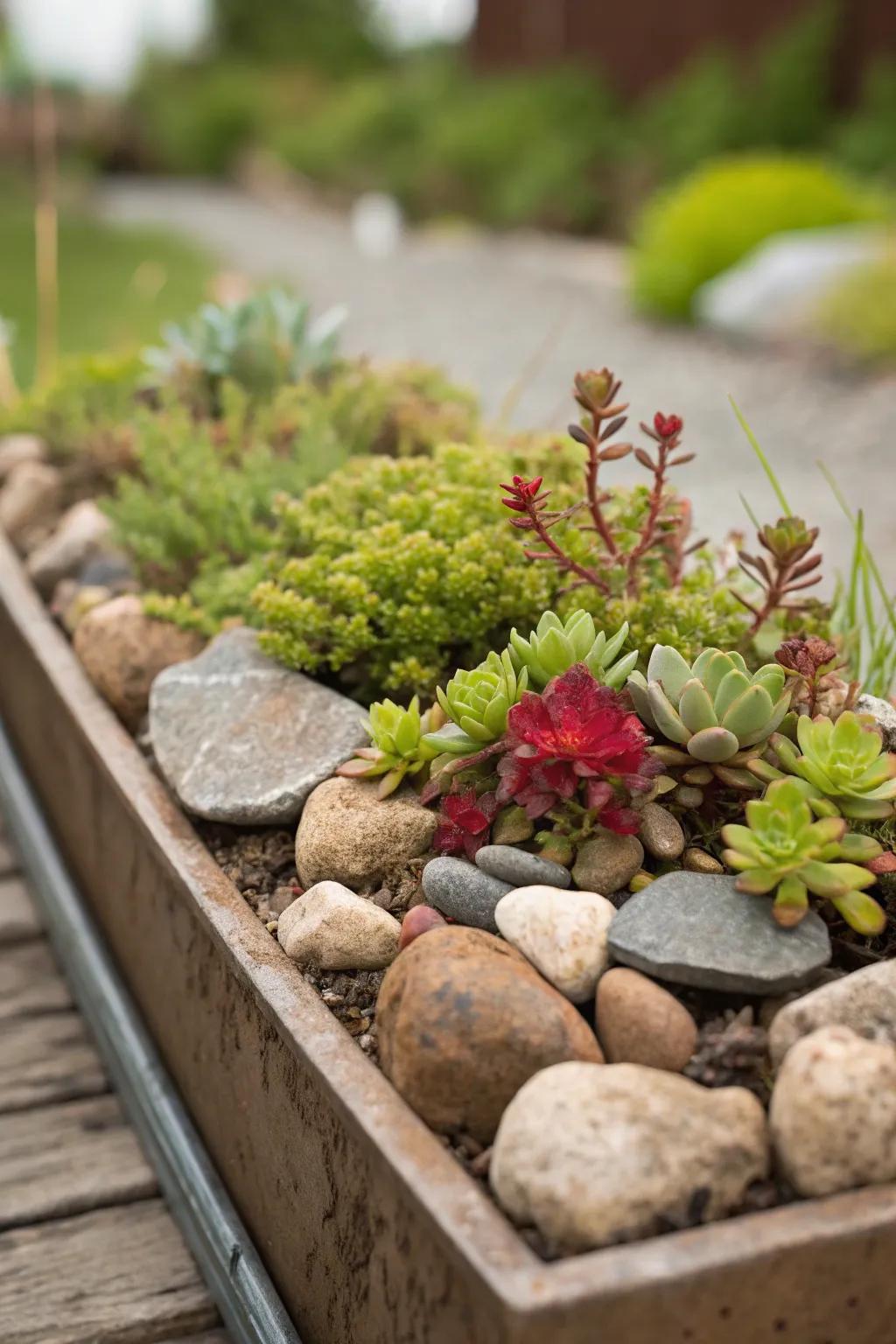 Rocks add a natural touch to sedum planters, creating mini landscapes.