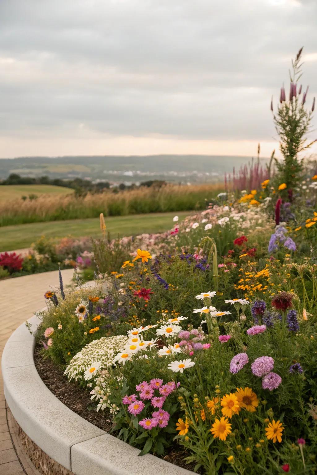 Wildflowers create a whimsical vibe in a semi-circle bed.