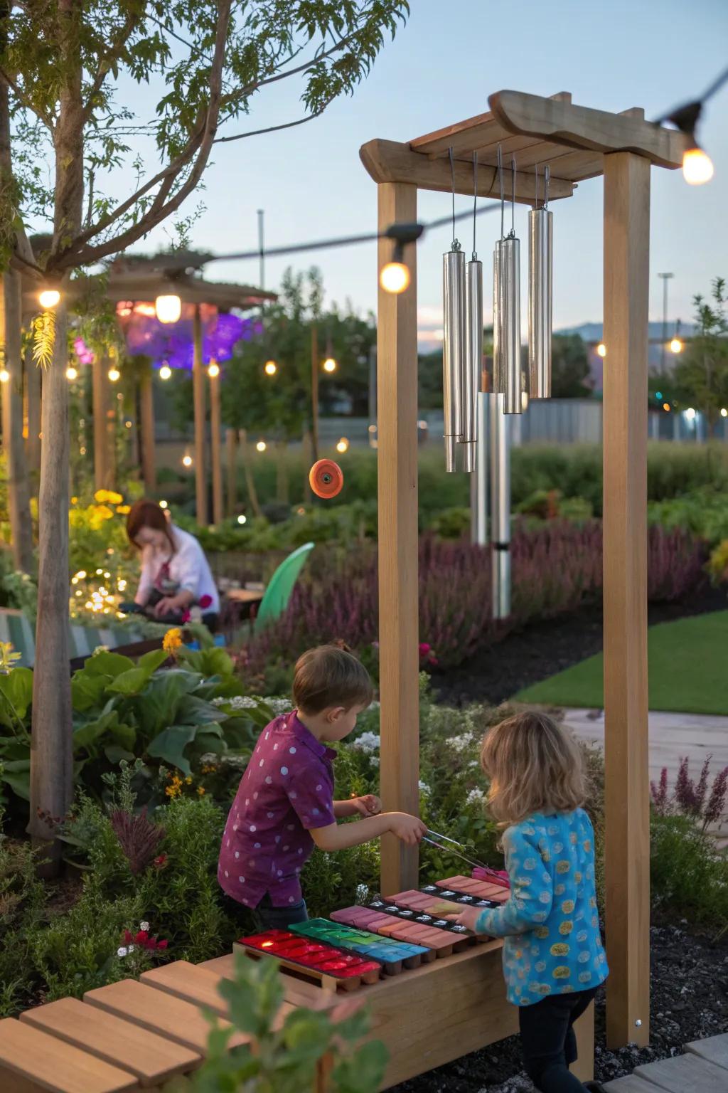Musical elements invite kids to create sounds in the sensory garden.