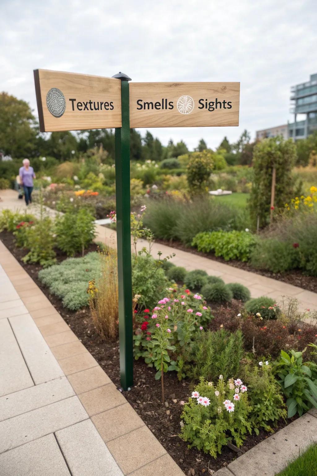Informational signs educate visitors about the sensory garden.