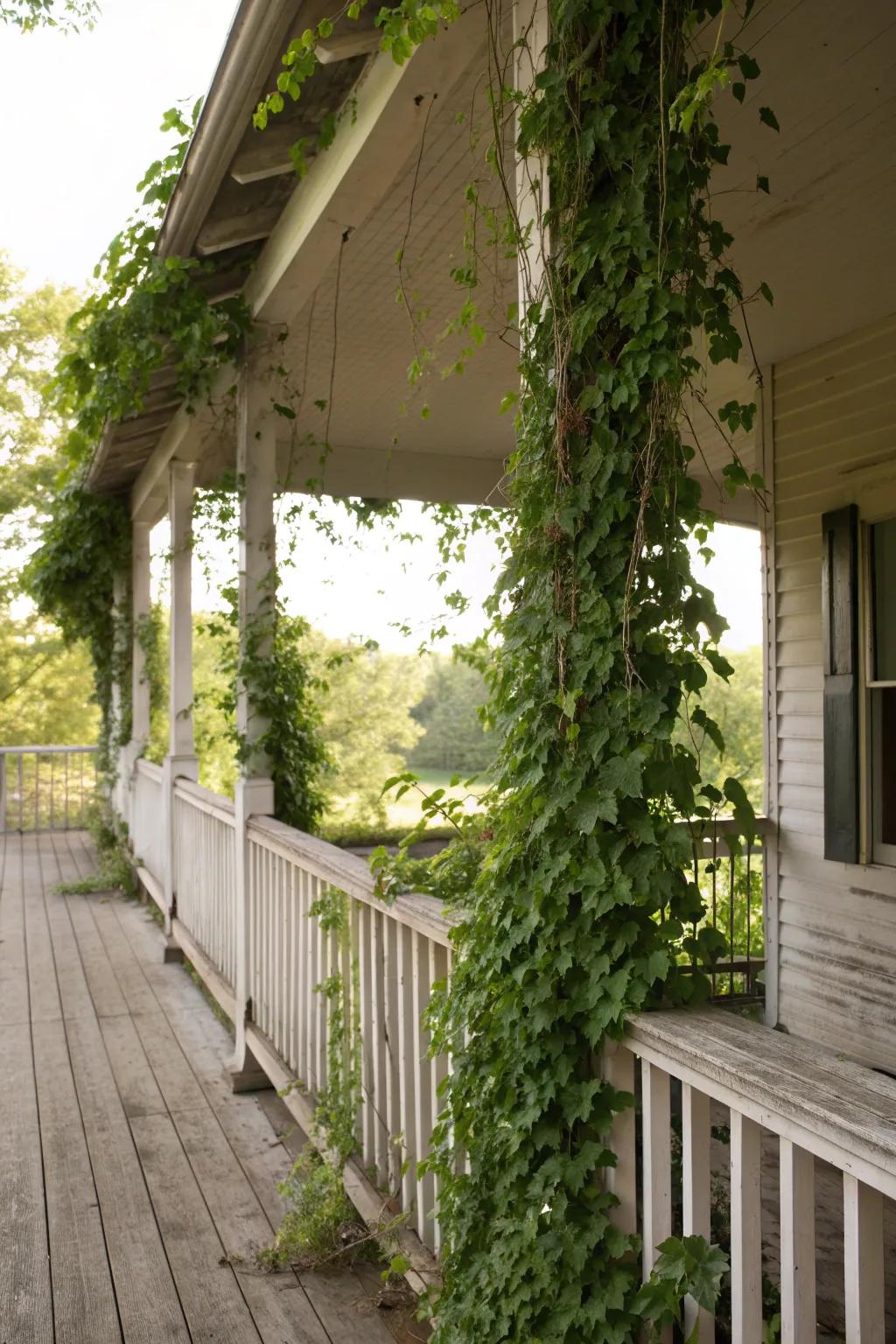 Climbing vines add natural beauty to a shabby chic porch.