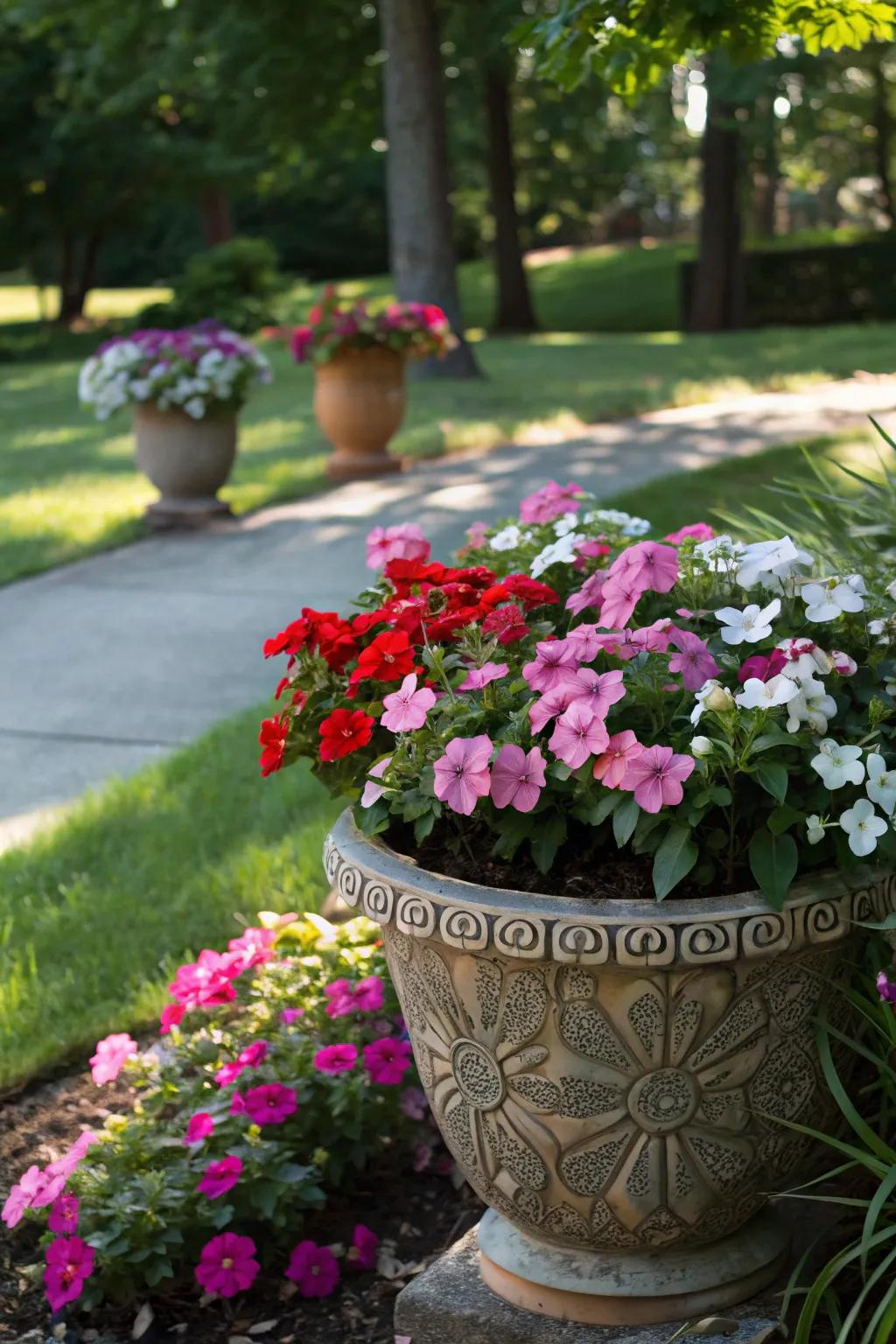 Cheerful impatiens filling a pot with nonstop color in a shaded spot.