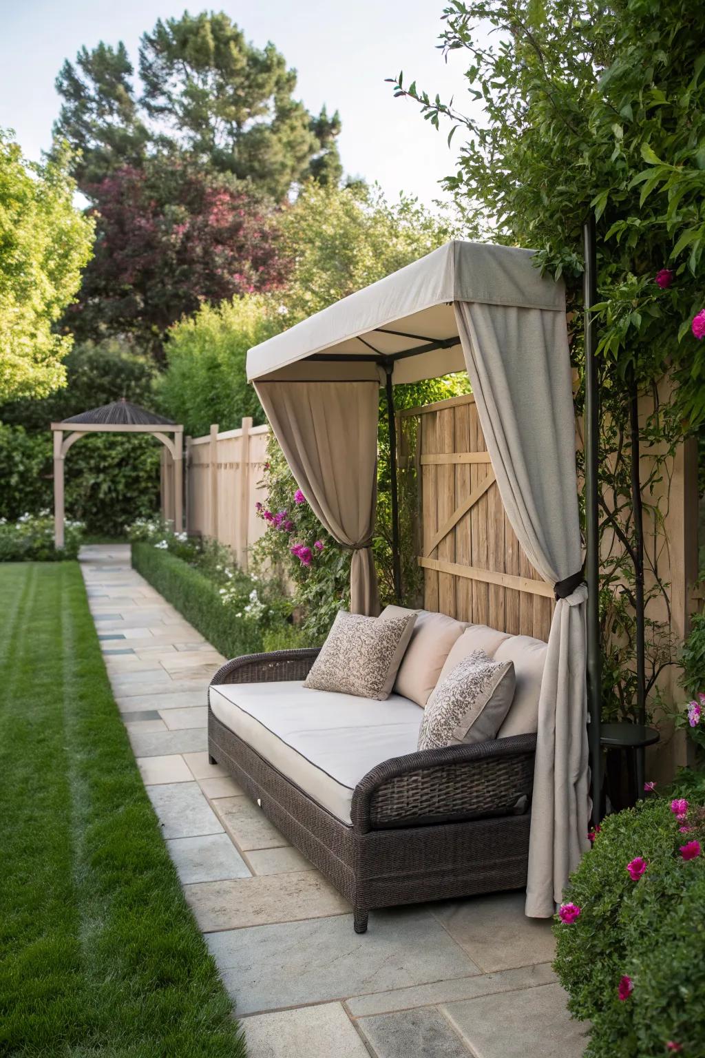 An outdoor daybed with a canopy adds a luxurious touch to any garden retreat.