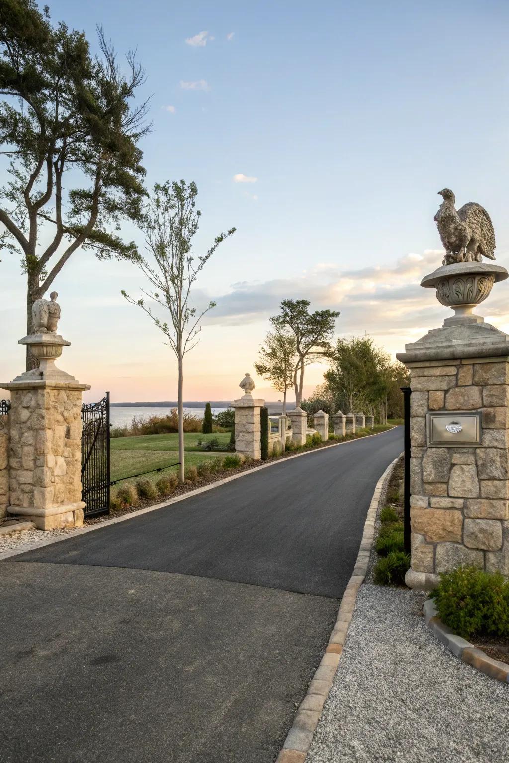 Stone sculptures add artistic flair and function.