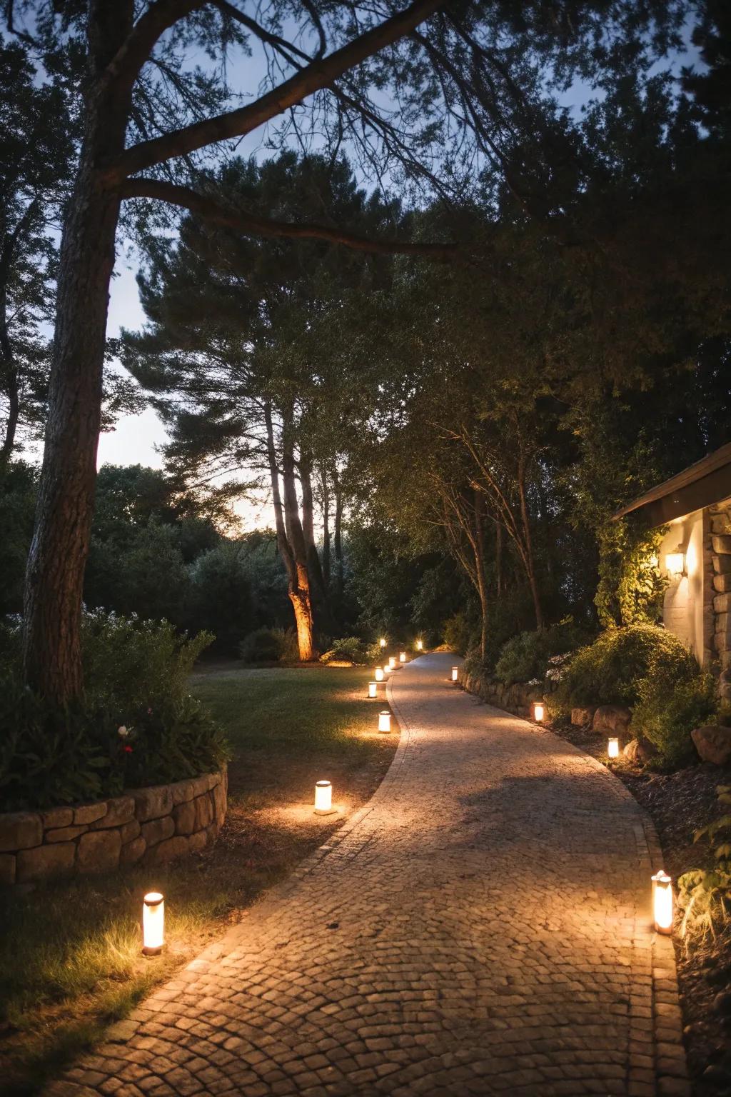 Solar lighting ensures safety and adds a warm glow to driveways.