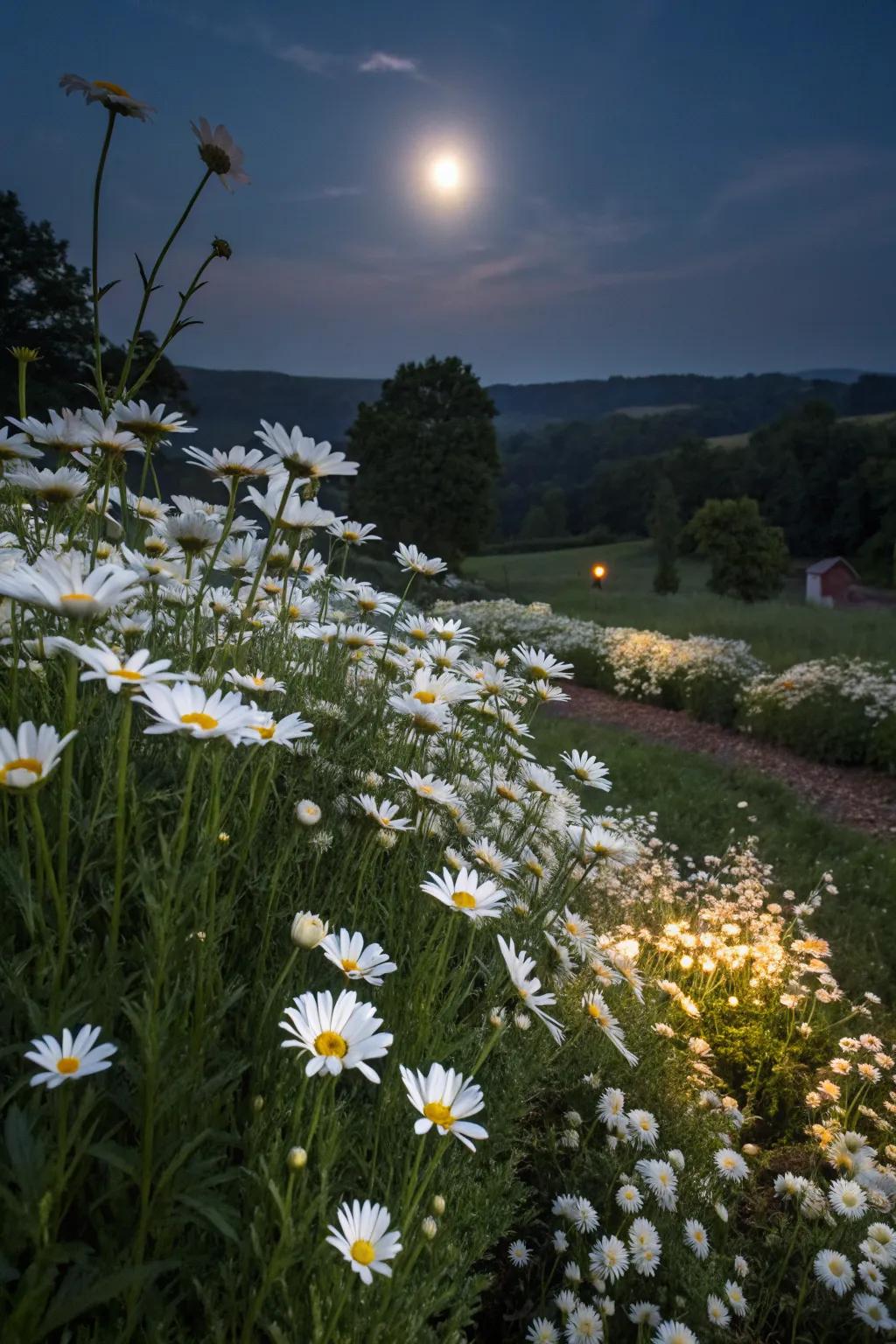 An enchanting moon garden featuring the luminous beauty of Shasta daisies.