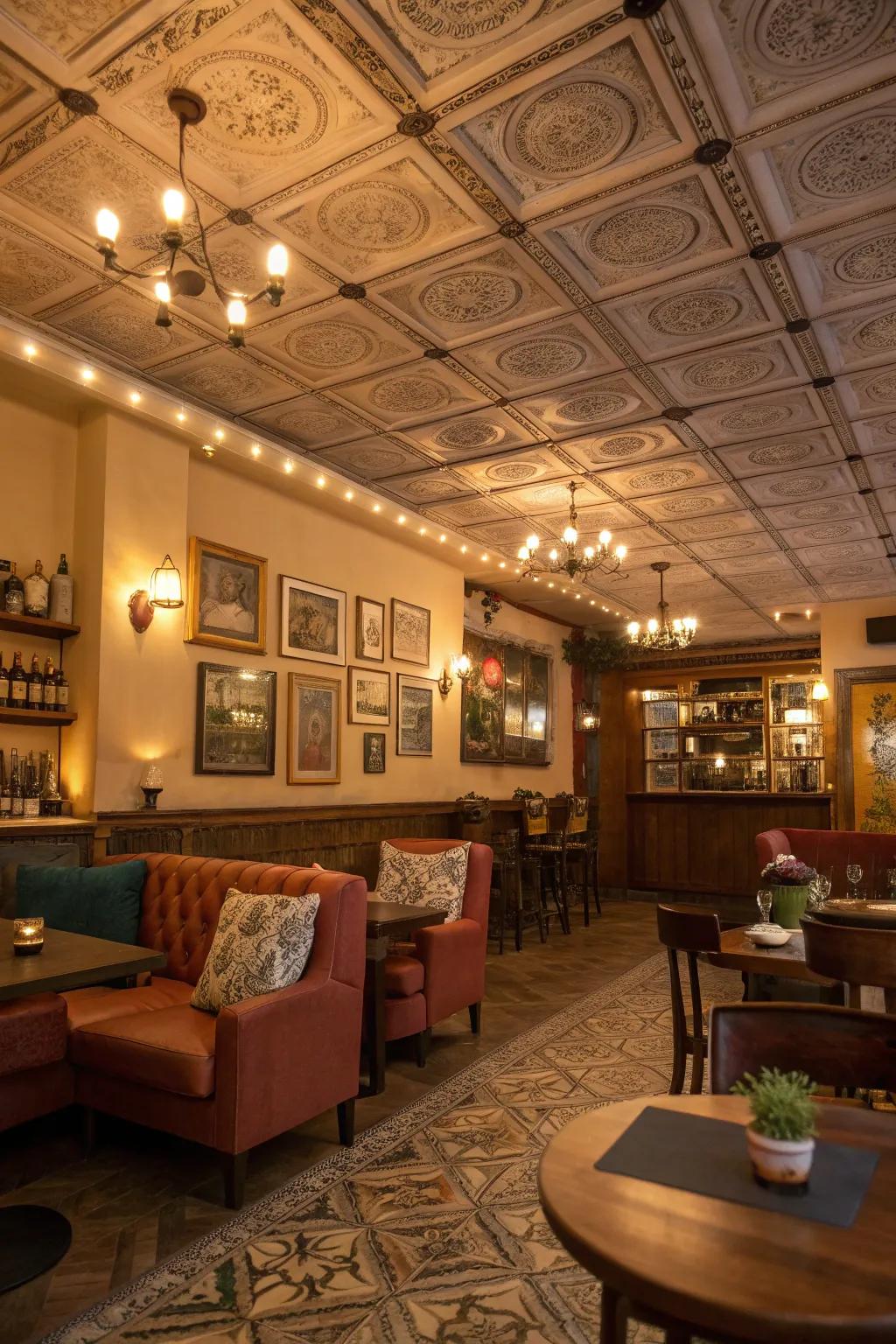 A she shed with characterful vintage ceiling tiles.