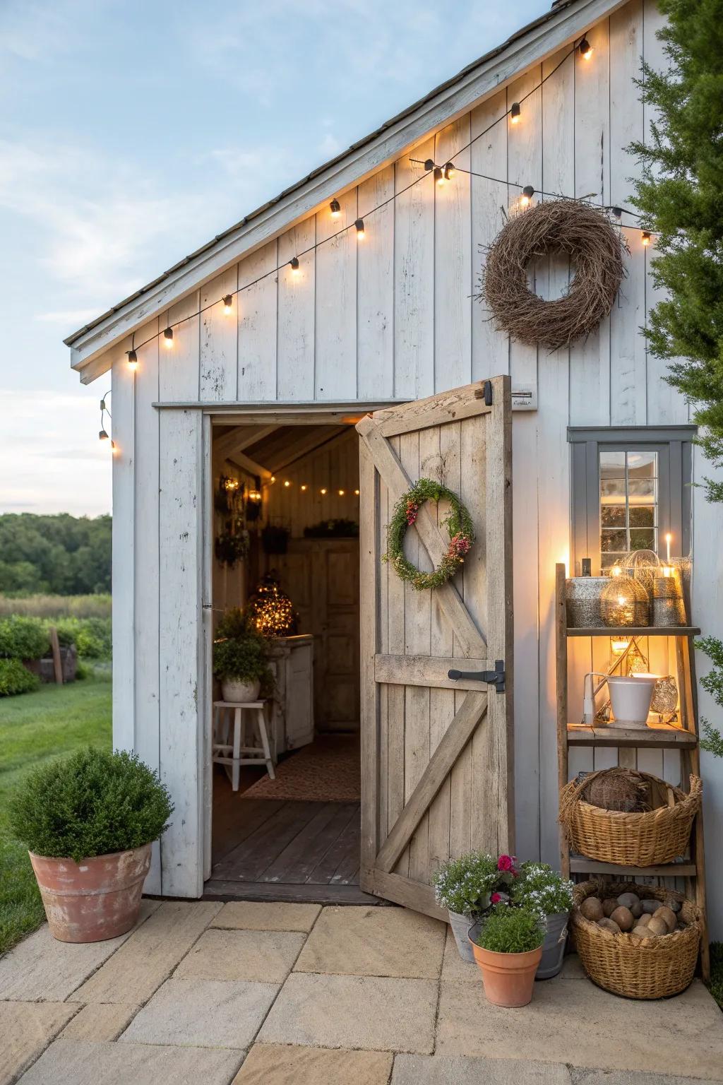 A thematic entrance that perfectly captures your shed's personality.