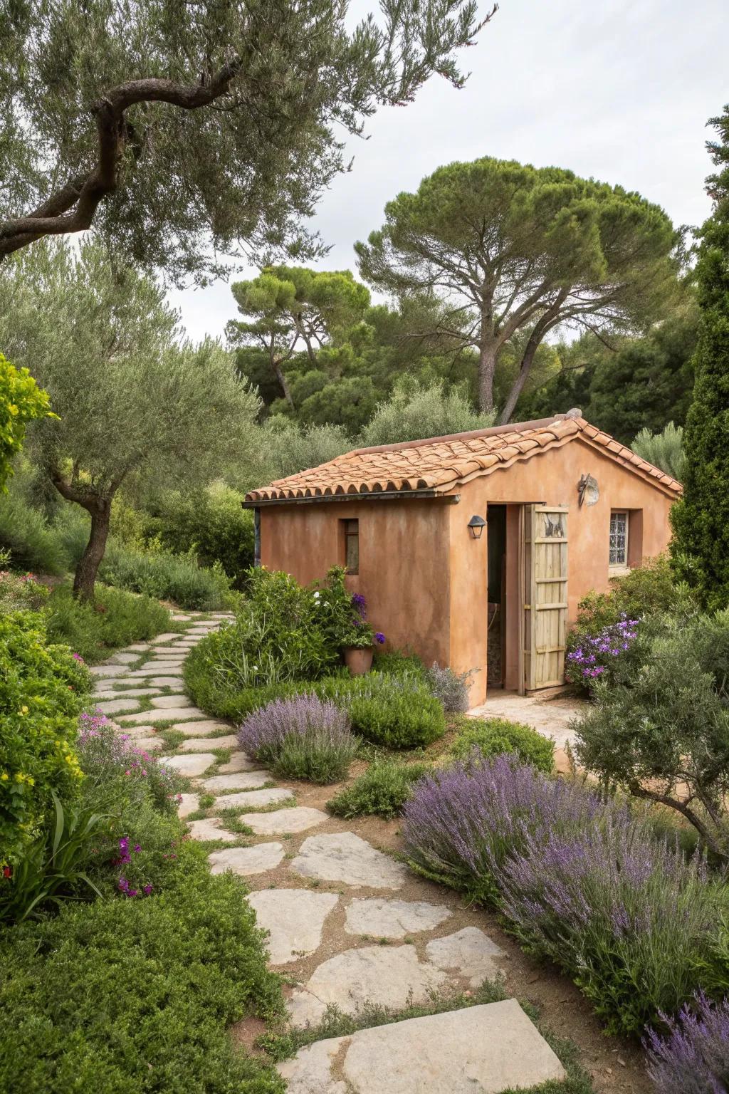 Terracotta sheds add warmth and Mediterranean flair.