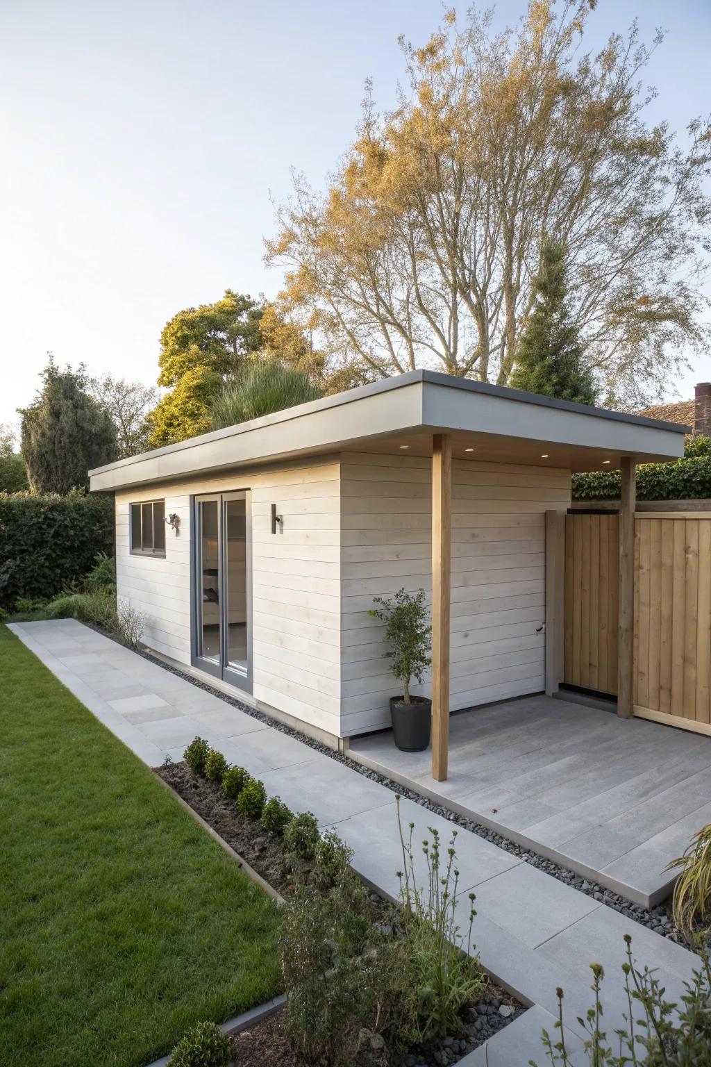 Minimalist flat porch roof on a shed in a contemporary garden.