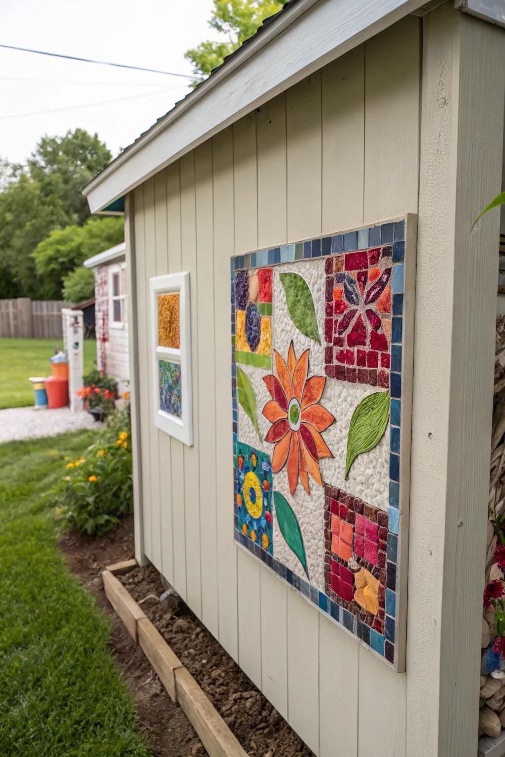 A mosaic tile wall adds vibrant artistry to a shed.
