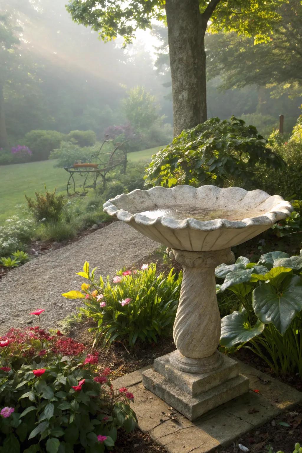 Invite feathered friends with a seashell bird bath.